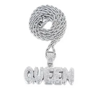 Iced out silver QUEEN letter pendant with sparkling rhinestones on a twist rope chain