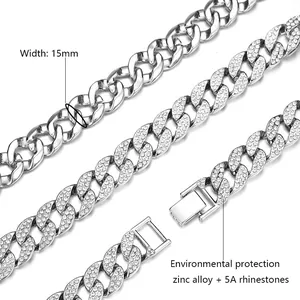15mm iced out cuban link chain necklace with 5A zircons and polished silver finish