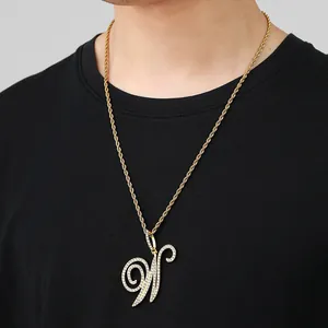 Iced out gold cursive letter W pendant with rope chain necklace for hip hop style