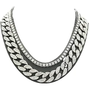 Silver iced-out Cuban link and tennis chain necklace set displayed on a black neck bust