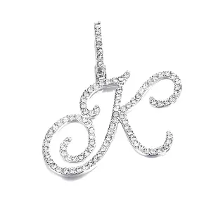 Iced out cursive letter K pendant with sparkling crystals and silver polished finish