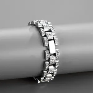 Silver-plated iced-out Cuban link bracelet with sparkling rhinestones in watch band style