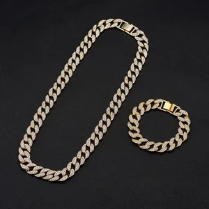 Iced out gold Cuban link necklace and bracelet set for men with shimmering crystals