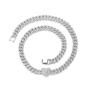 Hip Hop Heart Cuban Link Chain Iced Out Gold Silver Alloy Rhinestone Pendant Necklace Bracelet For Men Women Party Jewelry