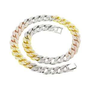Three-tone iced out Cuban link chain in gold, rose gold and silver with rhinestones