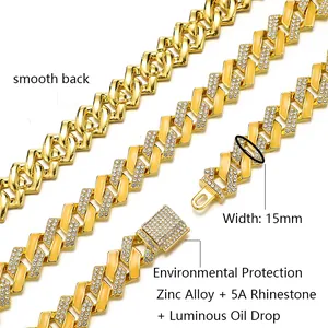 Luminous 15mm Cuban link chain necklace with 5A zircons and gold-tone finish for men