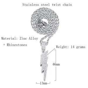Luxury iced out lightning bolt pendant with stainless steel twist chain for men