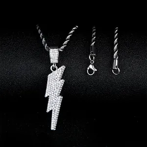 Hip Hop Iced Out Lightning Bolt Pendant Necklace Stainless Steel Rope Chain Zinc Alloy Rhinestone Jewelry For Men Women