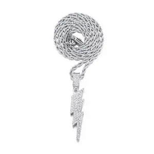 Luxurious hip hop lightning bolt pendant with sparkling zircons on silver rope chain