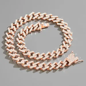15mm double row iced out Cuban link chain necklace in rose gold hip hop style