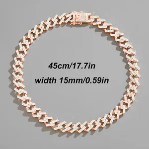 15mm double row iced out Cuban link chain necklace in rose gold finish 18 inch length