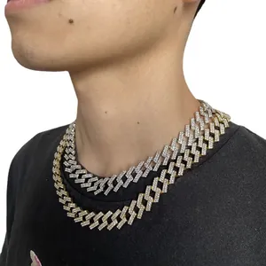 15mm double row iced out Cuban link chain necklace in gold and silver hip hop style