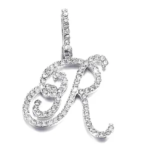 Silver iced-out letter R pendant with sparkling crystals in hip-hop style design