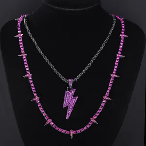 Collier Panthère Hip Hop Alliage Strass Pendentif Éclair Collier Multirang Bijoux Style Sombre Pour Hommes Femmes Violet Noir