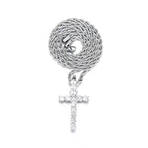 Collana con pendente a croce argento hip hop con zirconi bianchi e catena a corda