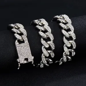 Silver 19mm chunky iced out Cuban link necklace with rectangle diamond clasp for men