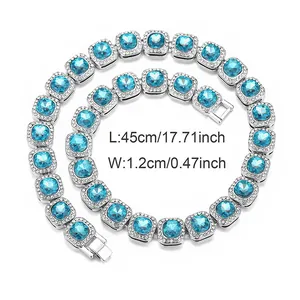 Hip hop silver link necklace with 10mm blue gems and white zircon halo, 45cm length