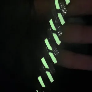 Luminous 15mm Cuban link chain necklace with pave rhinestones and green glow details