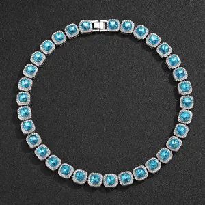 10mm Hip Hop tennis necklace with square blue iced-out crystals and silver plating