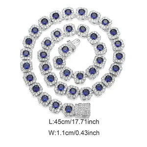Detail shot of blue crystal hip-hop tennis necklace measuring 45cm long and 1.1cm wide