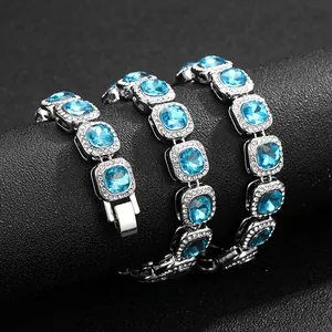 10mm silver hip-hop chain with square aquamarine stones and iced out cubic zirconia
