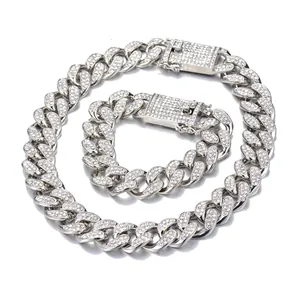 Silver iced out Cuban link chain necklace and bracelet set with sparkling rhinestones