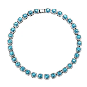 10mm hip hop iced out necklace with square blue gems and silver geometric links