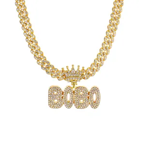 Collana hip hop color oro a maglia cubana con ciondolo a lettere BOBO e corona