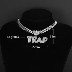 Iced out TRAP letter pendant with crown and silver Cuban chain for hip hop style fashion