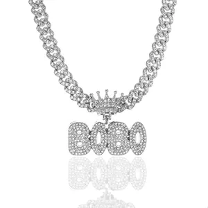 Collana hip hop catena cubana con ciondolo lettera BOBO argentata e corona di strass