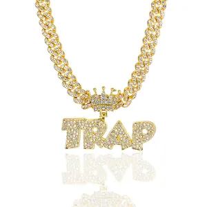 Hip Hop Iced Out Trap Letter Pendant Necklace With Crown Full Rhinestone Cuban Link Chain For Men Women Gold Silver Jewelry