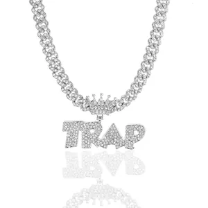 Iced out silver Cuban link necklace with crown TRAP letter pendant encrusted in crystals