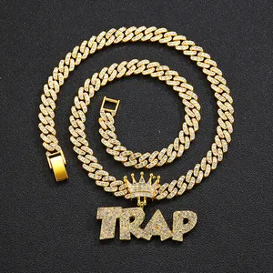 Iced out gold plated Cuban chain necklace with a crown TRAP letter pendant for hip hop style