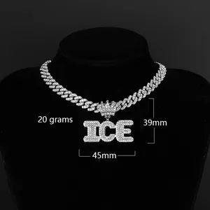 Ciondolo ICE hip hop con corona e diamanti incastonati su catena cubana d'argento