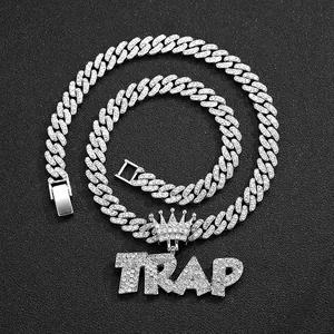 Silver iced out Cuban link chain with TRAP crown letter pendant for hip-hop style fashion