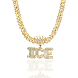 Collana Hip Hop con Ciondolo a Forma di Corona Lettera ICE Lega Strass Catena Cubana per Gioielli da Uomo Regalo