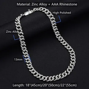 Detail of 13mm silver Cuban link necklace with AAA rhinestones and sizing specifications