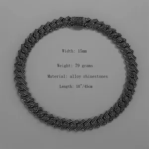 Detail of 15mm black iced out cuban link chain showing width and rhinestone inlay