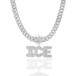 Collana hip-hop argento con ciondolo ICE, corona e zirconi brillanti stile Iced Out