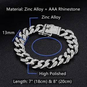 13mm silver Miami Cuban link bracelet with AAA rhinestones and high polished finish