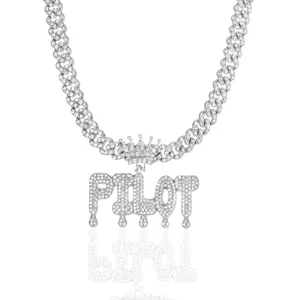 Collana cubana hip hop argento con pendente a lettere PILOT e corona con strass