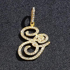 Cursive letter S pendant in gold finish with iced out rhinestones for hip hop style