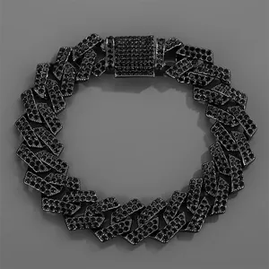 Detailed view of all-black Cuban link bracelet with pavé-set black cubic zirconia stones