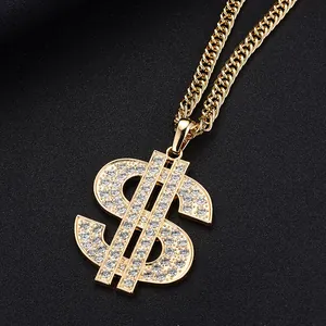 Pendentif signe dollar hip hop avec strass brillants sur une chaîne cubaine dorée