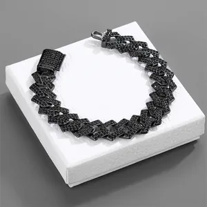 Men's hip hop Cuban chain bracelet featuring black cubic zirconia pavé in gunmetal finish