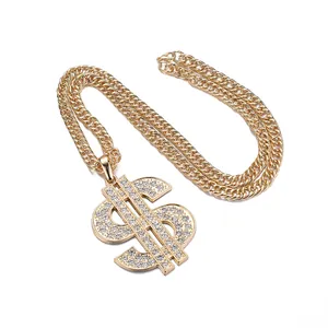 Chaîne cubaine plaquée or hip-hop avec un grand pendentif en forme de signe dollar