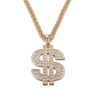 Collier avec pendentif signe dollar doré style hip hop serti de zircons brillants