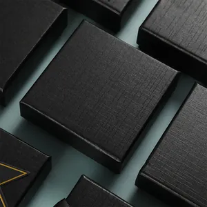 Exquisite High End Black Paper Jewelry Gift Box With Sponge Pad Square Saffiano Texture Packaging Box For Necklace Earring