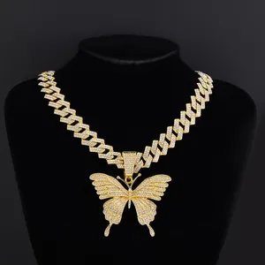 Hip Hop Iced Out Vlinder Hanger Ketting Voor Mannen Vrouwen Koper Zirkonia Bling Cubaanse Schakelketting Streetwear Sieraden Cadeau