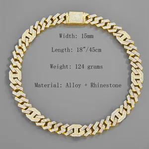 15mm gold-toned Cuban link necklace with micro-pave rhinestones in hip-hop style